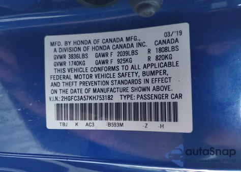 2019 Honda Civic Si from USA, damaged, VIN 2HGFC3A57KH753182